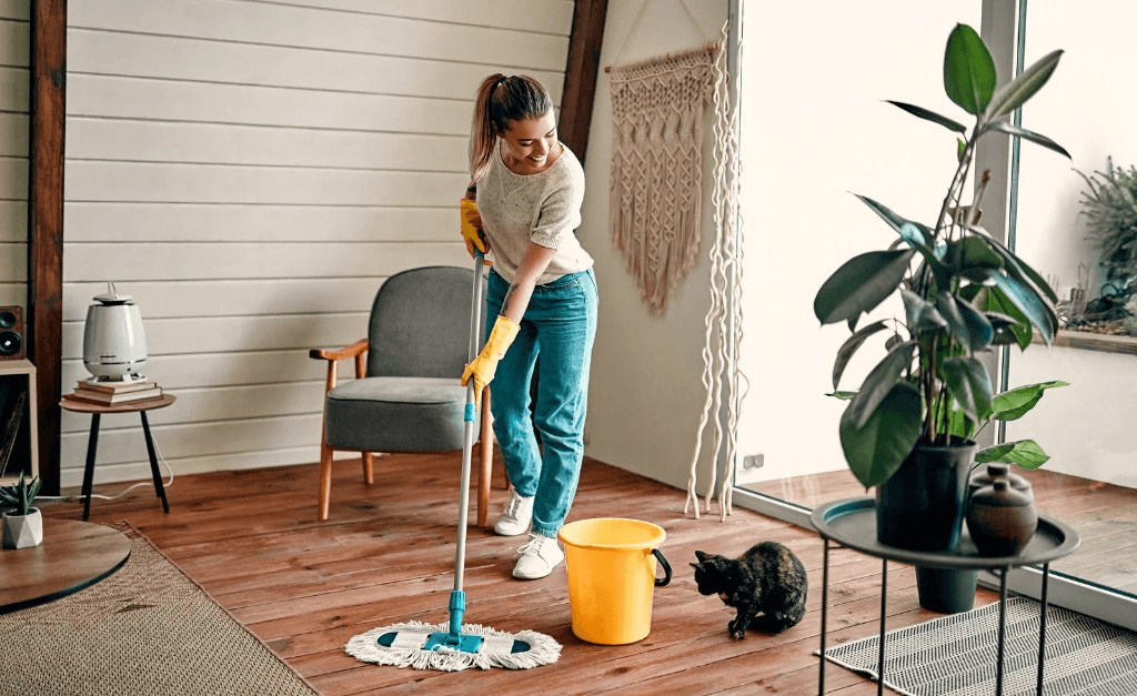 Smiling cleaner mopping hardwood floors in a bright modern living room